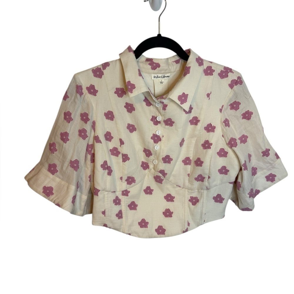 For Love And Lemons Pink Floral Embroidered Puff Sleeve Bodice Top